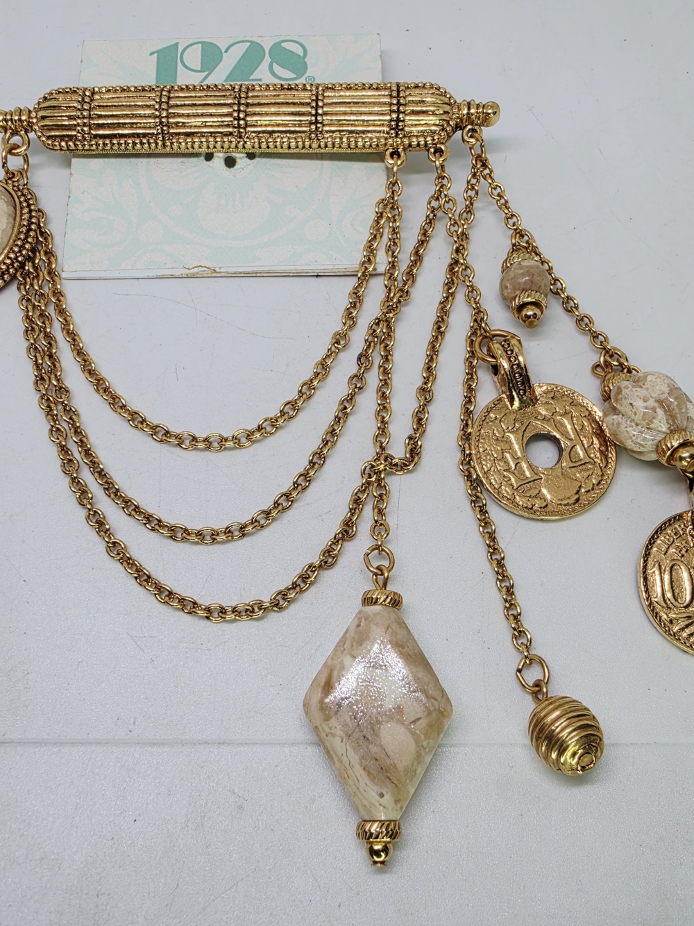 Vintage 1928 Victorian Revival Chatelaine Chain Coin Stone Charm Brooch New - Picture 2 of 4